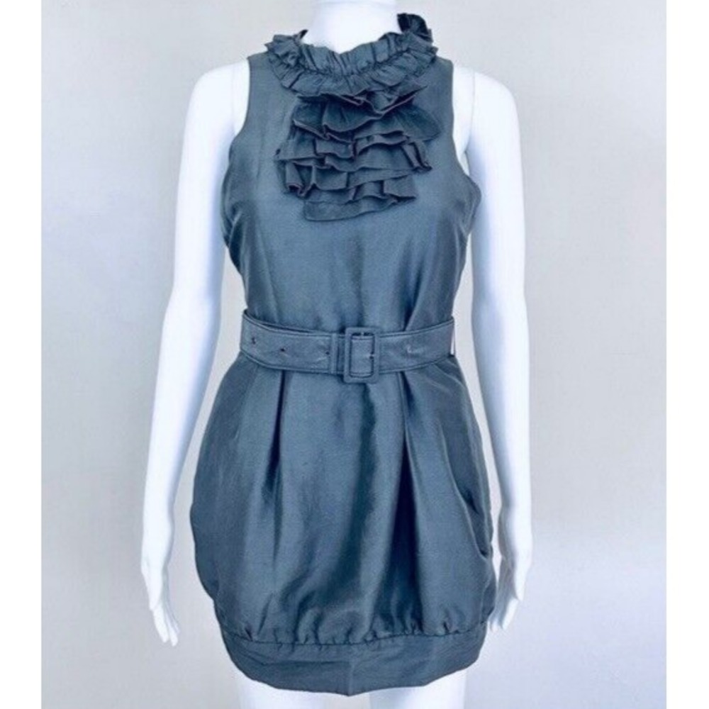 Twelve by Twelve Silk Dupoini Gray Mini Dress Bubble Ruffle Bib W/Belt Size S